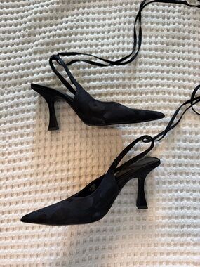 Zara Black Pointed Slingback Heels with Wrap Ties
